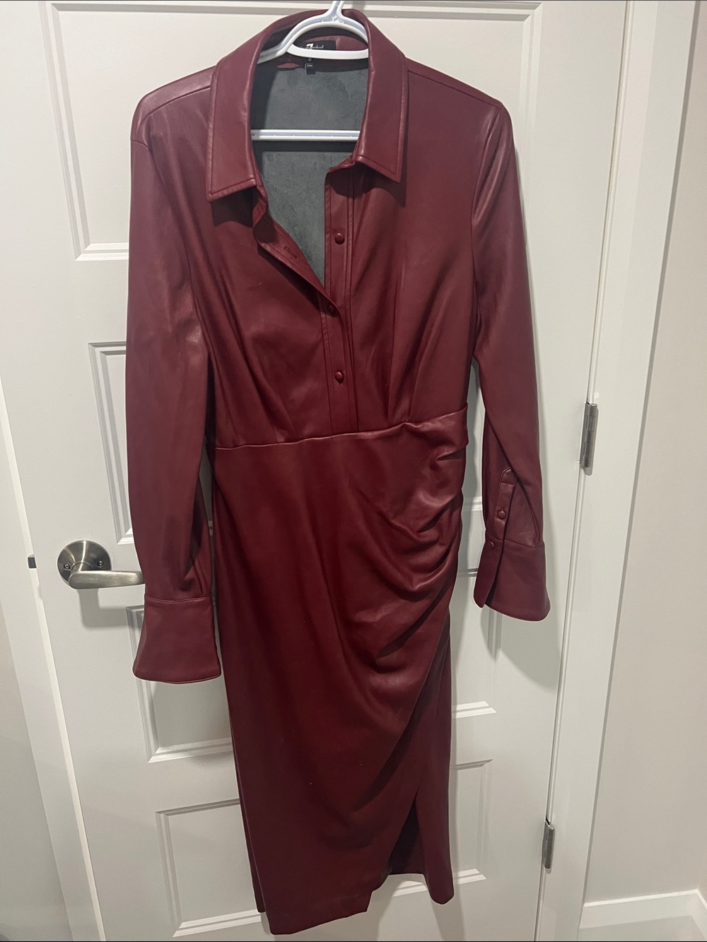 7 For All Mankind Faux Leather Long-Sleeve Shirt Dress in Deep Burgundy